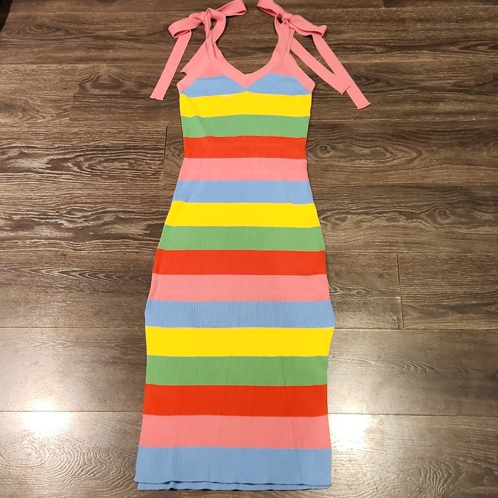 ❤️ ENGLISH FACTORY RIBBED KNIT TIE SHOULDER BODYCON MIDI DRESS, SMALL - Picture 2 of 10
